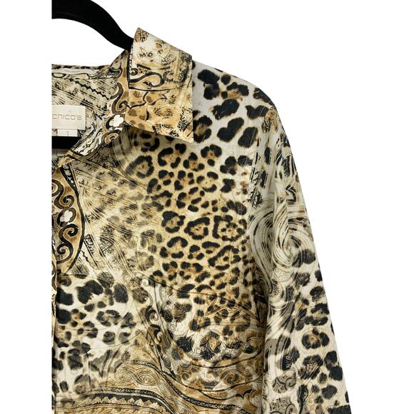 Chicos Blouse Womens Size 1 US M Animal Print No Iron Buttondown Long Sleeve - Picture 2 of 5